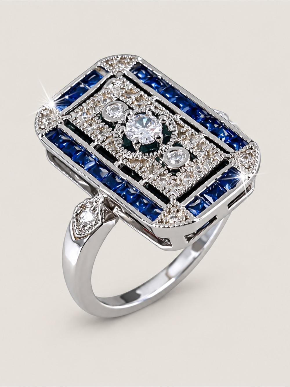 Silver Blue Accent Art Deco Ring